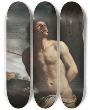 Triptych art skateboard deck of Guercino Saint Sebastian by Guercino (1591-1666)