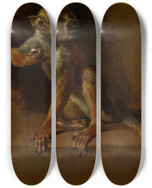 Triptych art skateboard deck of Jan Weenix A Seated Monkey by Jan Weenix (1641-1719)