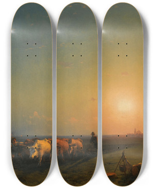 Triptych art skateboard deck of Ivan Konstantinovich Aivazovsky Ploughing The Fields Crimea by Ivan Konstantinovich Aivazovsky (1817-1900)