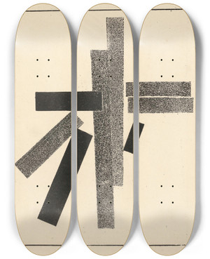 Triptych art skateboard deck of Kazimir Malevich Three Black And Five Grey Elements by Kazimir Malevich (1879-1935)