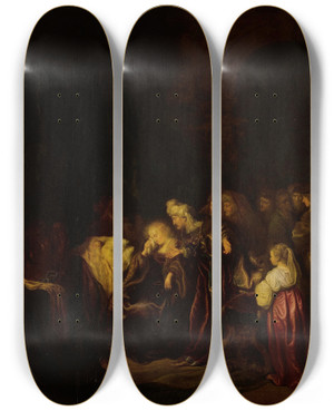Triptych art skateboard deck of Salomon Koninck David And Bathsheba Mourning Their Dead Son_2 by Salomon Koninck (1609-1656)