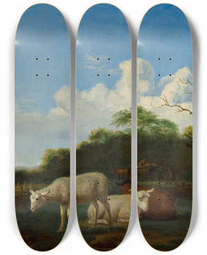 Triptych art skateboard deck of Adriaen Van De Velde The Three Sheep by Adriaen van de Velde (1636-1672)
