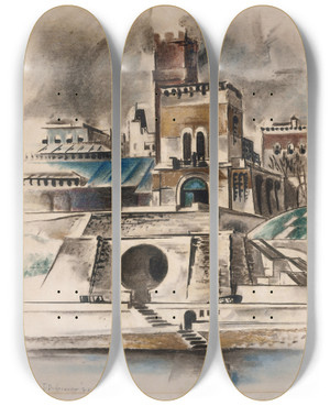 Triptych art skateboard deck of Preston Dickinson The Water Gate by Preston Dickinson (1891-1930)