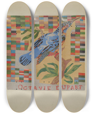 Triptych art skateboard deck of Joseph L Boyd Sampler by Joseph L Boyd (20-)