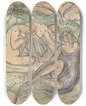 Triptych art skateboard deck of Hermann Lismann Three Women by Hermann Lismann (1878-1943)