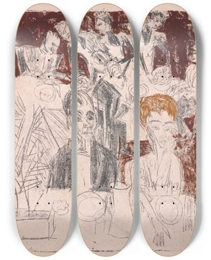 Triptych art skateboard deck of Ernst Ludwig Kirchner At The Table by Ernst Ludwig Kirchner (1880-1938)