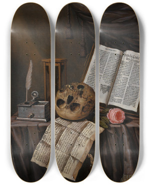 Triptych art skateboard deck of Edwaert Collier Vanitas Still Life_3 by Edwaert Collier (1640-1707)