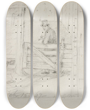 Triptych art skateboard deck of William Sidney Mount Resting On The Fence by William Sidney Mount (1807-1868)