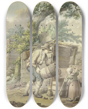 Triptych art skateboard deck of Pieter Bartholomeusz Barbiers Ein Bauer Schttet Kartoffeln In Ein Fa Dabei Hilft Ein Kind by Pieter Bartholomeusz Barbiers (1772-1837)