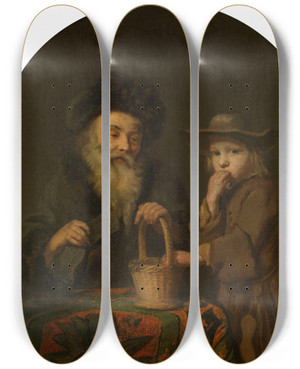 Triptych art skateboard deck of Godfried Schalcken Two Ages by Godfried Schalcken (1643-1706)