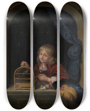 Triptych art skateboard deck of Frans Van Mieris The Elder Knabe Mit Vogelkfig Im Fenster by Frans Van Mieris The Elder (1635-1681)