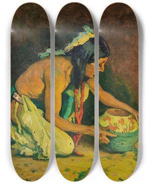 Triptych art skateboard deck of Eanger Irving Couse The Potter by Eanger Irving Couse (1866-1936)