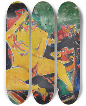 Triptych art skateboard deck of Ernst Ludwig Kirchner Nude At The Studio_2 by Ernst Ludwig Kirchner (1880-1938)