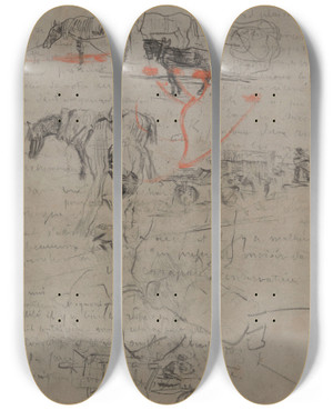 Triptych art skateboard deck of James Ensor Horses And Text by James Ensor (1860-1949)