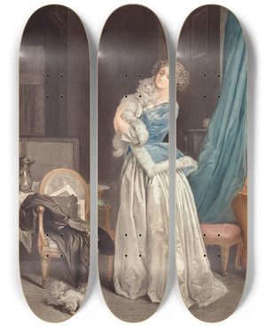 Triptych art skateboard deck of Geraud Vidal Le Triomphe De Minette by Geraud Vidal (1742-1801)