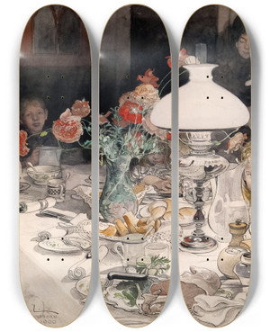 Triptych art skateboard deck of Carl Larsson Around The Evening Lamp by Carl Larsson (1853-1919)