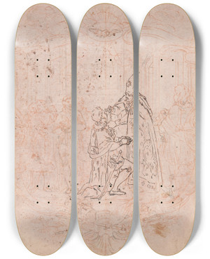 Triptych art skateboard deck of Hubertfranois Gravelot Design For A Frontispiece A Bishop Conferring An Honor Scene Within A Cartouche by Hubert-Franois Gravelot (1699-1773)