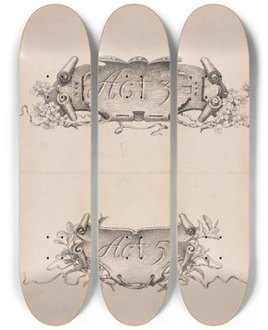 Triptych art skateboard deck of Alfred Parsons She Stoops To Conquer Act 3 Act 5 by Alfred Parsons (1847-1920)