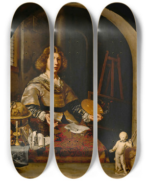 Triptych art skateboard deck of Cornelis Bisschop The Artist In His Studio by Cornelis Bisschop (1630-1674)