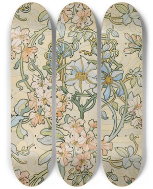 Triptych art skateboard deck of Alphonse Mucha Clematis by Alphonse Mucha (1860-1939)