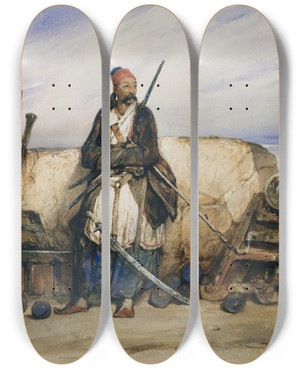 Triptych art skateboard deck of Alexandregabriel Decamps A Turkish Gunner by Alexandre-Gabriel Decamps (1803-1860)