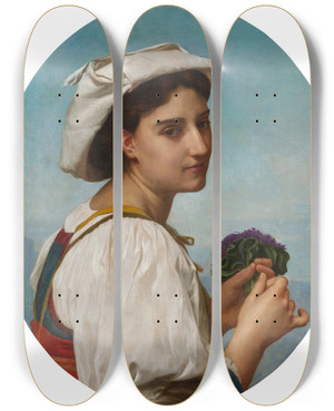 Triptych art skateboard deck of William Bouguereau Le Bouquet De Violettes_2 by William Bouguereau (1825-1905)