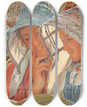 Triptych art skateboard deck of Louis Welden Hawkins Liseuses by Louis Welden Hawkins (1849-1910)
