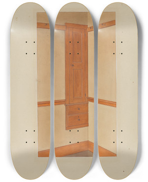 Triptych art skateboard deck of John W Kelleher Shaker Builtin Cupboard by John W Kelleher
