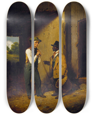 Triptych art skateboard deck of Francis William Edmonds All Talk And No Work by Francis William Edmonds (1806-1863)