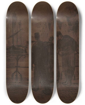 Triptych art skateboard deck of Alexander Hannotiau Evening In Bruges by Alexander Hannotiau (1863-1901)