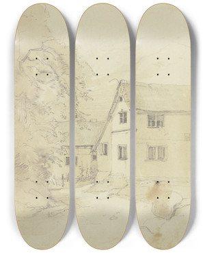 Triptych art skateboard deck of Jakob Becker Farmstead by Jakob Becker (1810-1872)