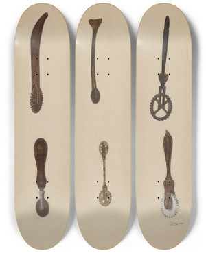 Triptych art skateboard deck of John Wilkes Crimping Wheel by John Wilkes