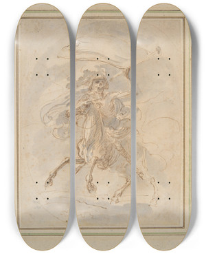 Triptych art skateboard deck of Stefano Della Bella Death On A Horse Study For The Etching In The Five Deathsseries by Stefano Della Bella (1610-1664)