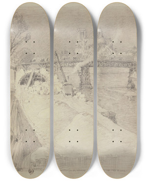 Triptych art skateboard deck of Ferdinand Boberg La Construction Du Pont De La Tournelle by Ferdinand Boberg (1860-1946)