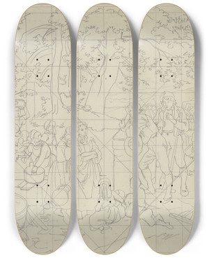 Triptych art skateboard deck of Jakob Becker Grape Harvest_2 by Jakob Becker (1810-1872)