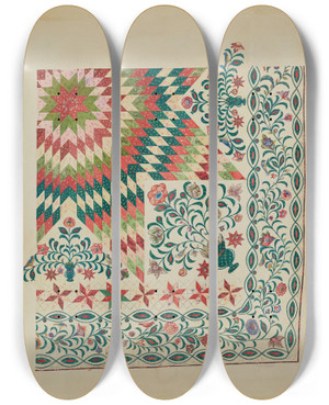 Triptych art skateboard deck of John Oster Applique And Patchwork Quilt by John Oster