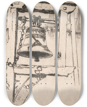 Triptych art skateboard deck of Sir Frank Short The Dijk Bell Volendam by Sir Frank Short (1857-1945)