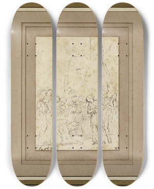 Triptych art skateboard deck of Valerio Castello Christus Und Die Ehebrecherin by Valerio Castello (1624-1659)