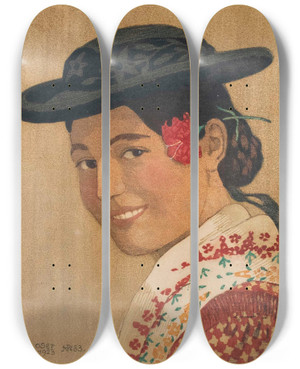 Triptych art skateboard deck of Carl Moser Tiroler Bauernmdchen by Carl Moser (1873-1939)