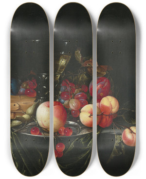 Triptych art skateboard deck of Cornelis De Heem Still Life With Pears Grapes And Plums by Cornelis de Heem (1631-1695)