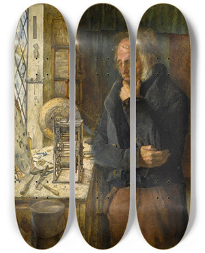 Triptych art skateboard deck of James Campbell Our Village Clockmaker Solving A Problem by James Campbell (1828-1893)