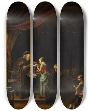 Triptych art skateboard deck of Jan Adriaensz Van Staveren The Schoolmaster by Jan Adriaensz Van Staveren (1614-1669)