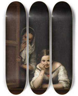 Triptych art skateboard deck of Bartolom Estebn Murillo Two Women At A Window by Bartolome Esteban Murillo (1617-1682)