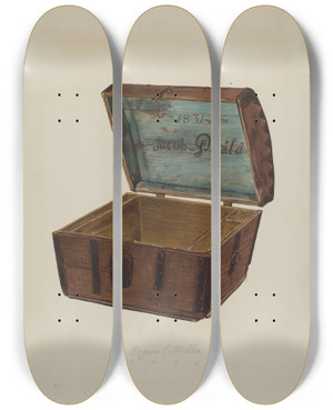 Triptych art skateboard deck of Eugene C Miller Wooden Chest by Eugene C Miller