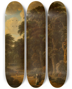 Triptych art skateboard deck of Salomon Rombouts Forest Landscape With Forest Workers And People Strolling by Salomon Rombouts (1655-1702)