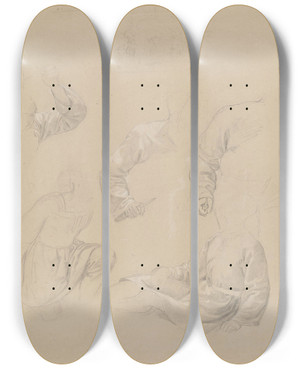 Triptych art skateboard deck of Adolph Tidemand Sovende Mann Mannshnd Med Dolk by Adolph Tidemand (1814-1876)