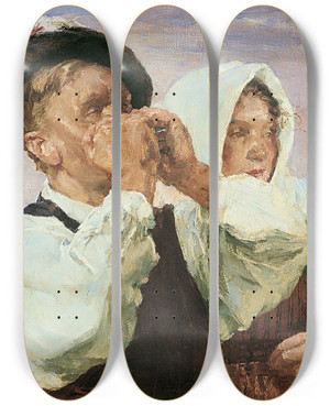 Triptych art skateboard deck of Hermann Groeber Mundharmonikaspieler by Hermann Groeber