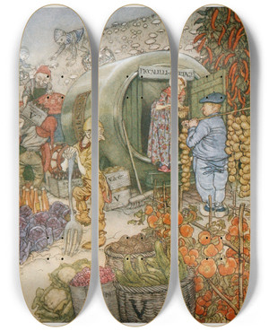 Triptych art skateboard deck of Arthur Rackham Mr And Mrs Vinegar At Home by Arthur Rackham (1867-1939)