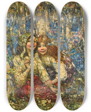 Triptych art skateboard deck of Edward Atkinson Hornel The Bluebell Wood by Edward Atkinson Hornel (1864-1933)