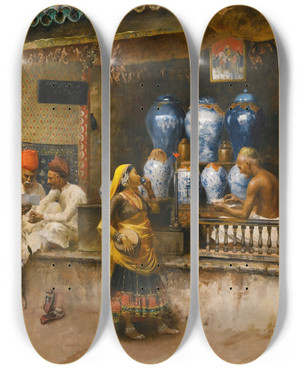 Triptych art skateboard deck of Edwin Lord Weeks A Perfumers Shop Bombay by Edwin Lord Weeks (1849-1903)